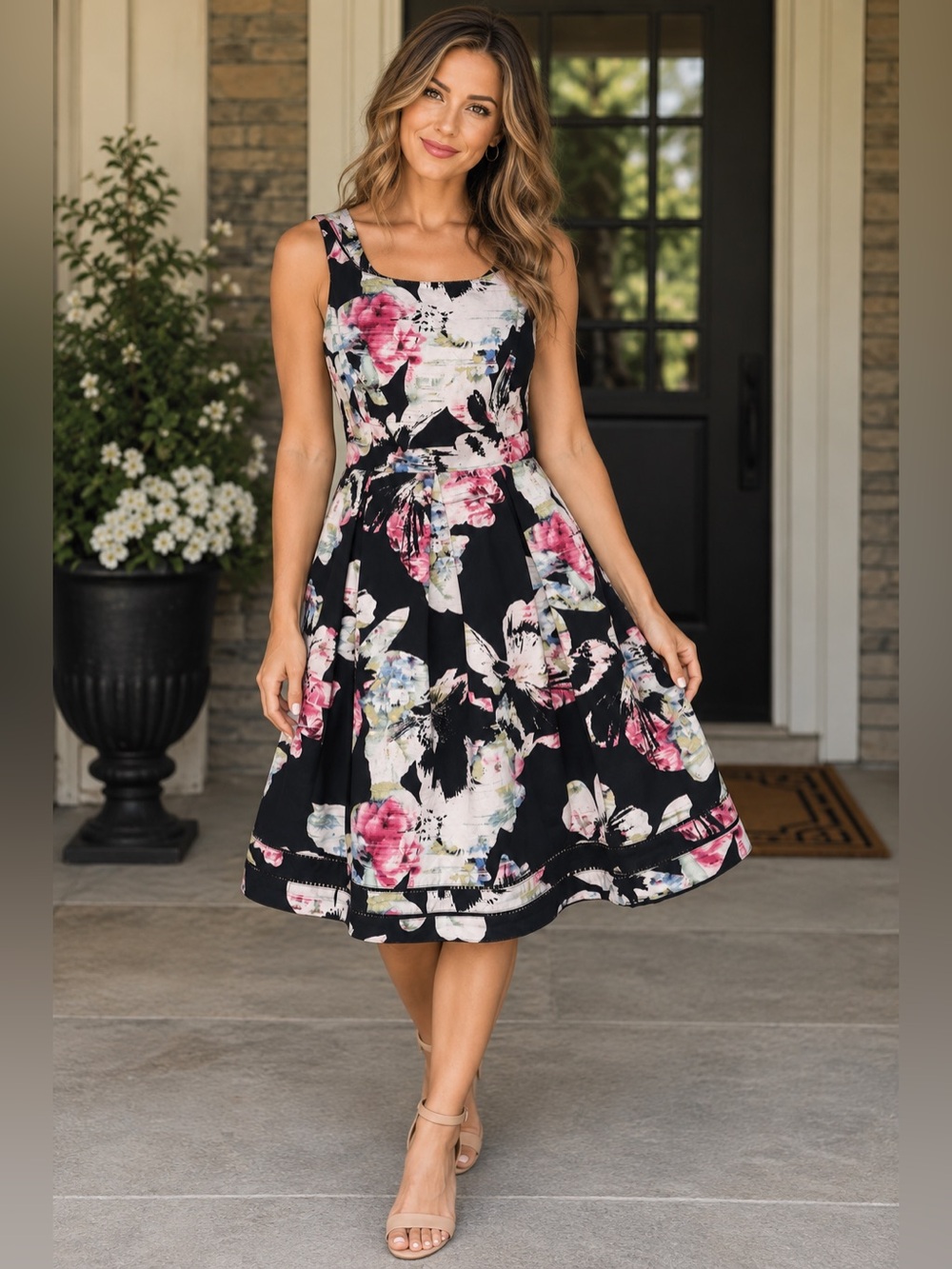 White House Black Market Size 4 Floral Fit & Flare Dress Black Pink White